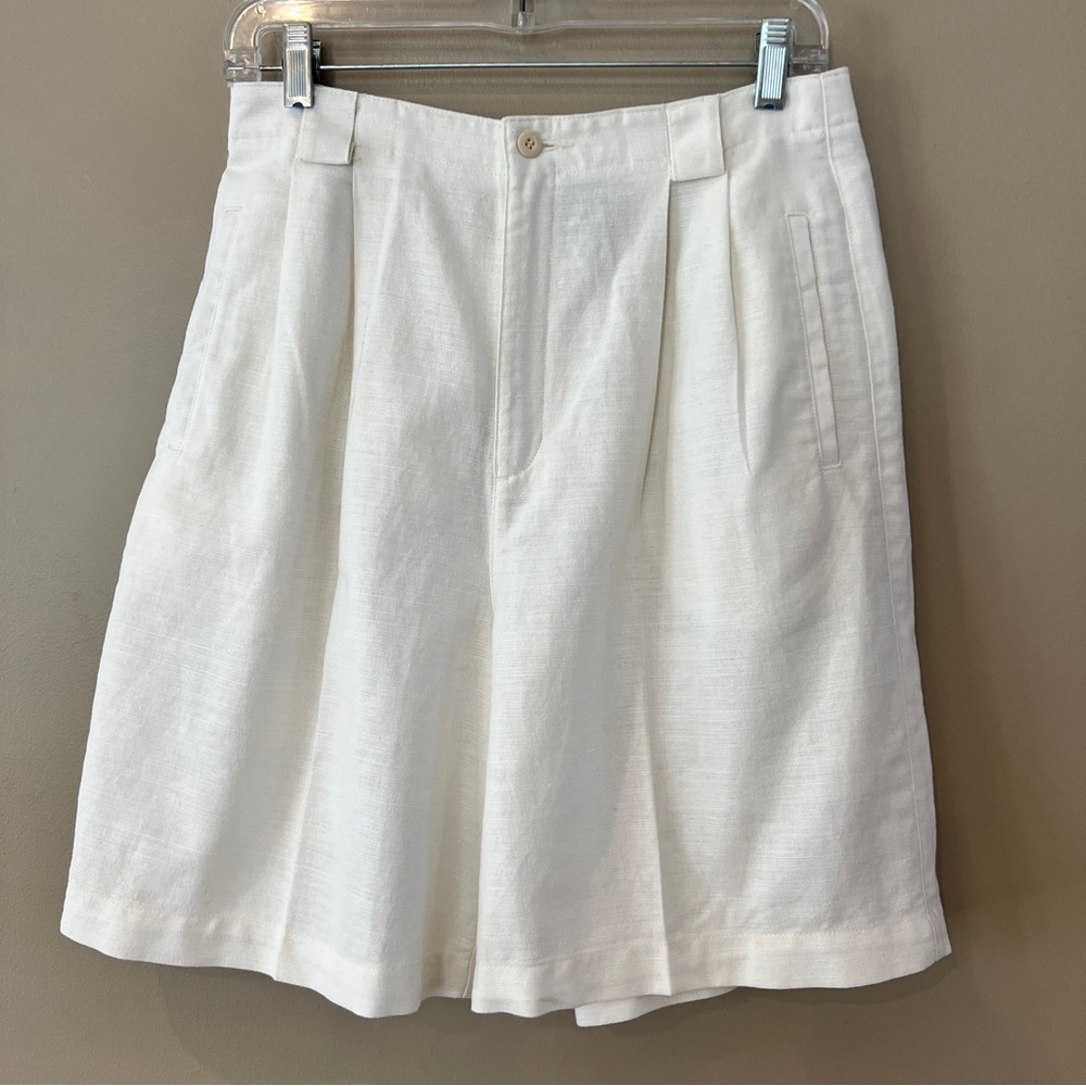 Vintage 90s Linen Blend Shorts 28" W White Pleated Ultra High Rise